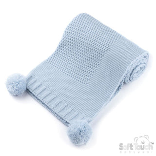 Blue Ribbed Baby Swaddling Blanket with Pom Poms