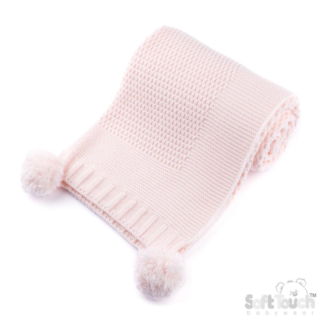 Pink Ribbed Baby Swaddling Blanket with Pom Poms