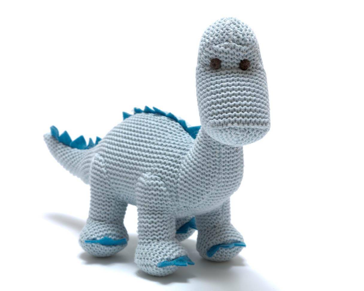 Blue Dinosaur Baby Rattle in a Knitted Organic Cotton Design