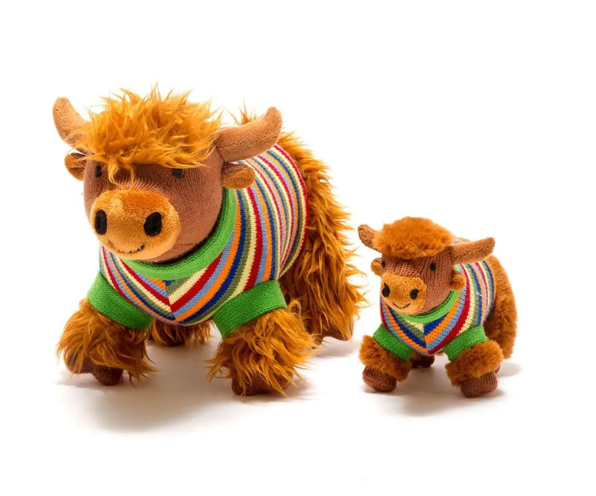 Highland Cow Baby Rattle with Striped Jumper