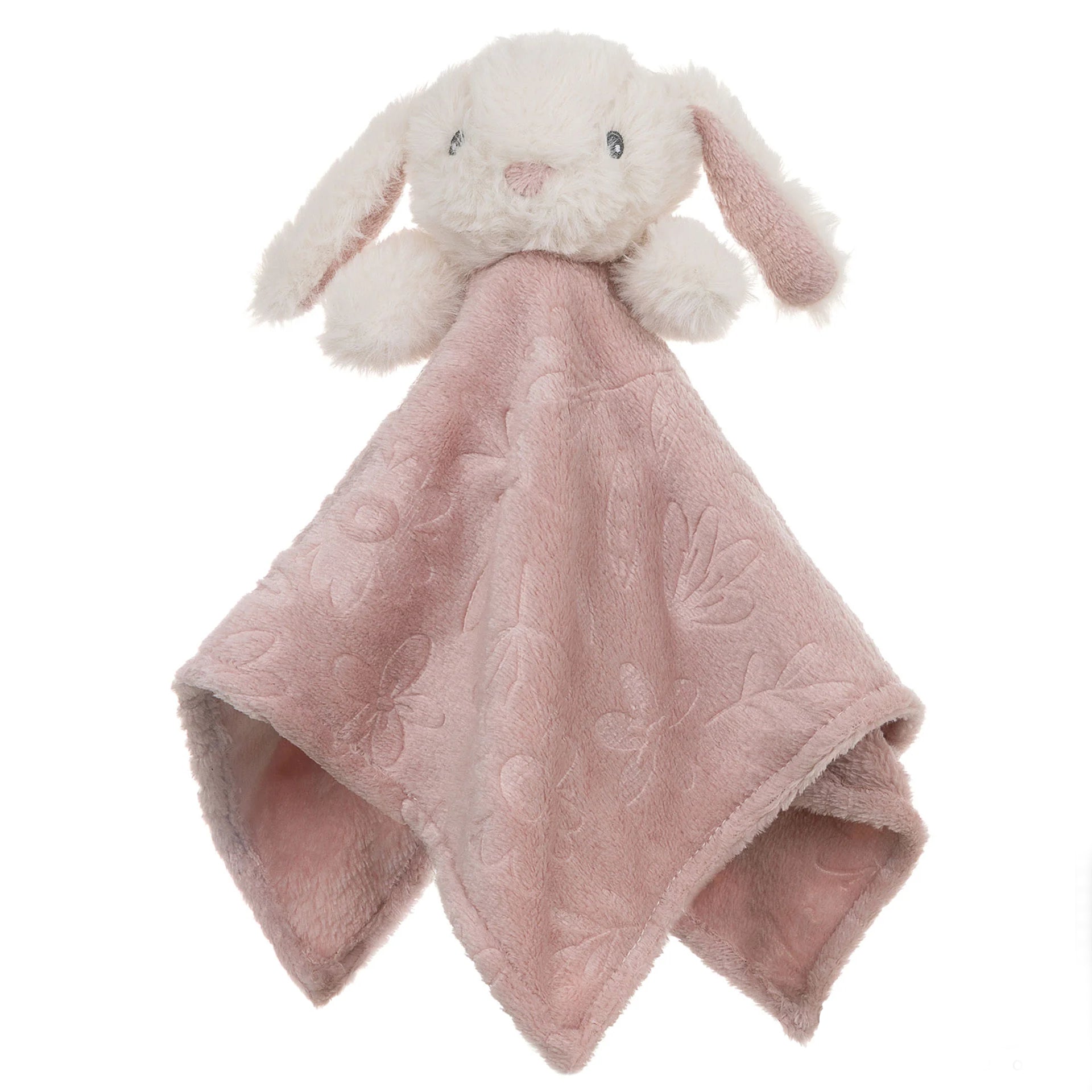 Pink plush bunny with a matching blanket on a white background
