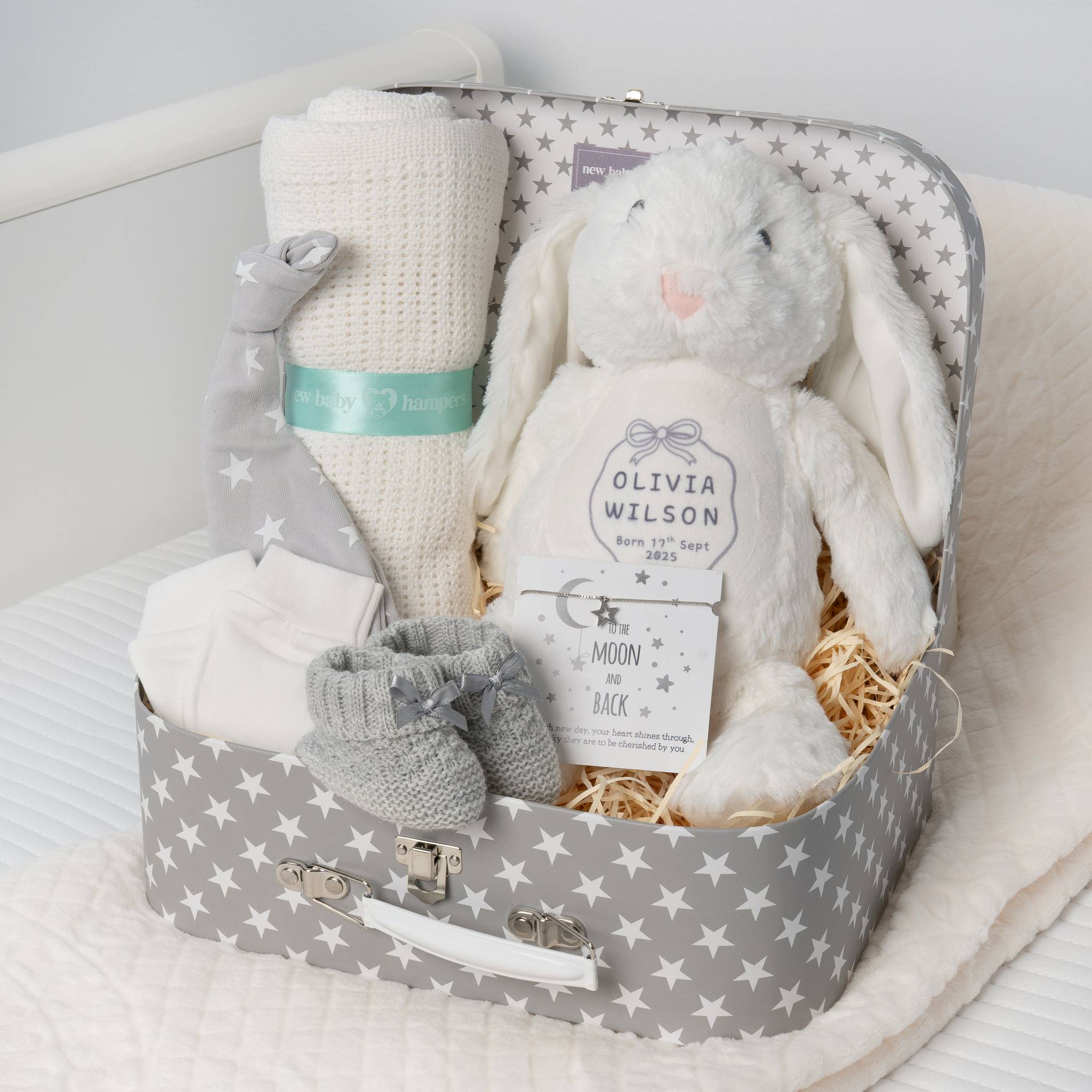 Baby gift set with plush toy, blanket, and booties in a gray suitcase with star pattern.