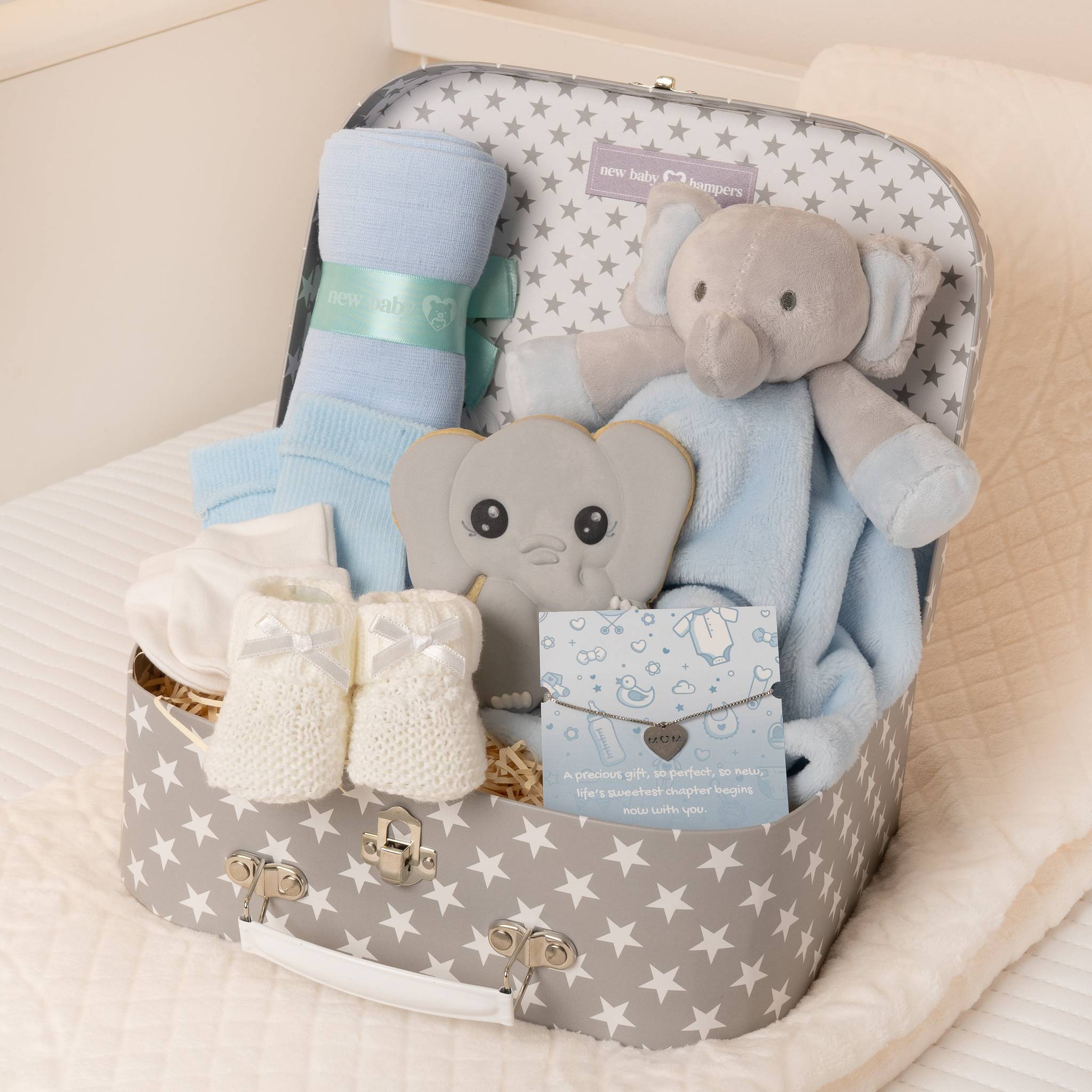 Baby gift basket with plush toys and baby items in a star-patterned box.

