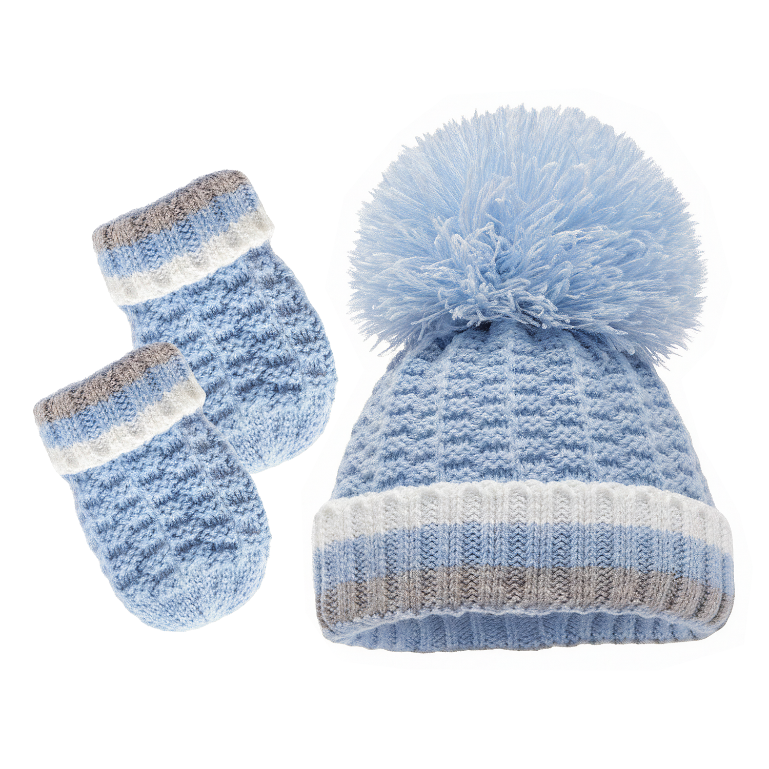 Blue Baby Bobble Hat and Mittens Set