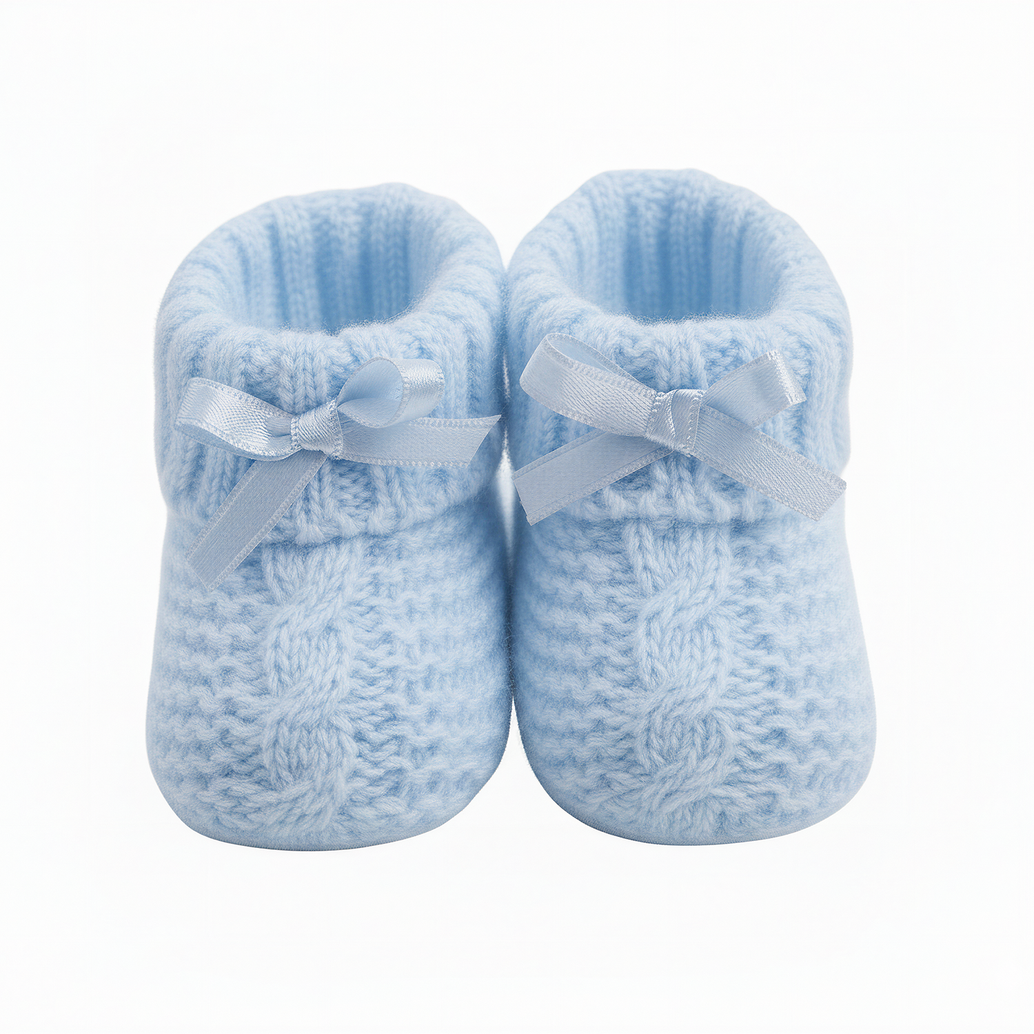 Blue Baby Bootees in a Knit Check with Satin Bow Design - 0-3 Months