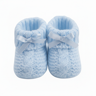 Blue Baby Bootees in a Knit Check with Satin Bow Design - 0-3 Months