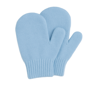 Pair of light blue mittens on a white background