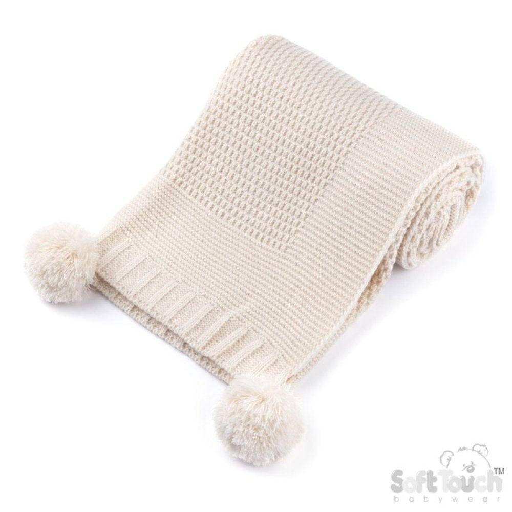 Cream Ribbed Baby Swaddling Blanket with Pom Poms