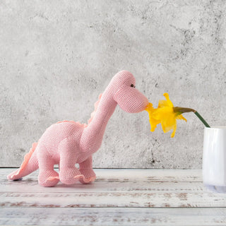 Pink Dinosaur Baby Rattle in a Knitted Organic Cotton Design
