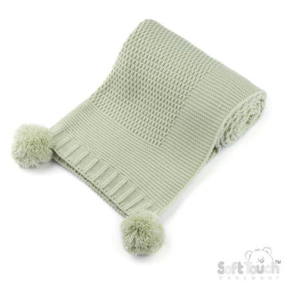 Green Ribbed Baby Swaddling Blanket with Pom Poms