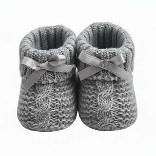 Grey Baby Bootees in a Knit Check with Satin Bow Design - 0-3 Months
