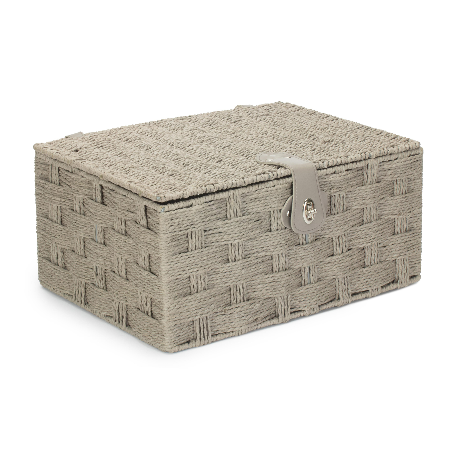 Grey Paper Rope Weave Hamper with Leather Silver Clasps - Large