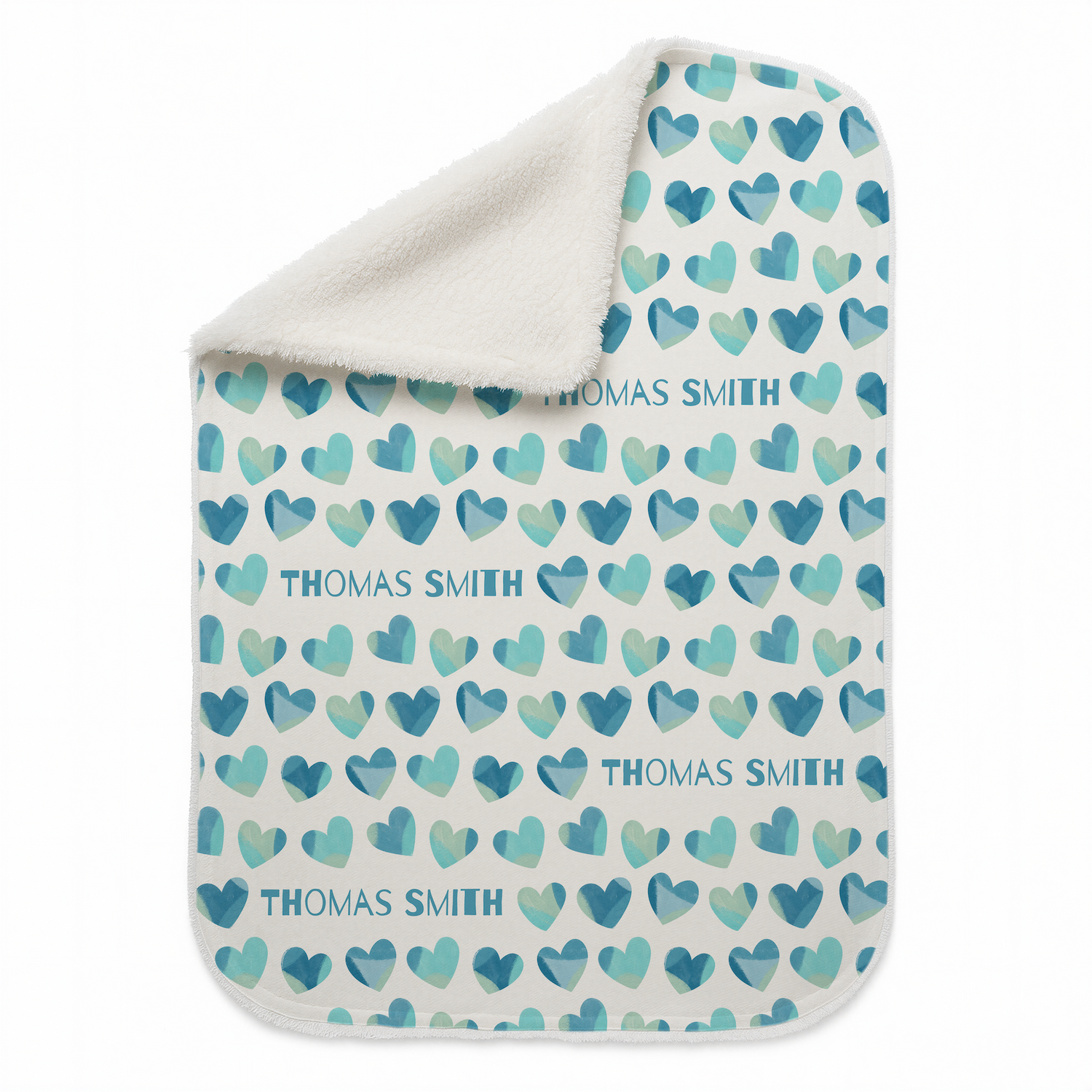Personalised Name Blue Heart Sherpa Blanket