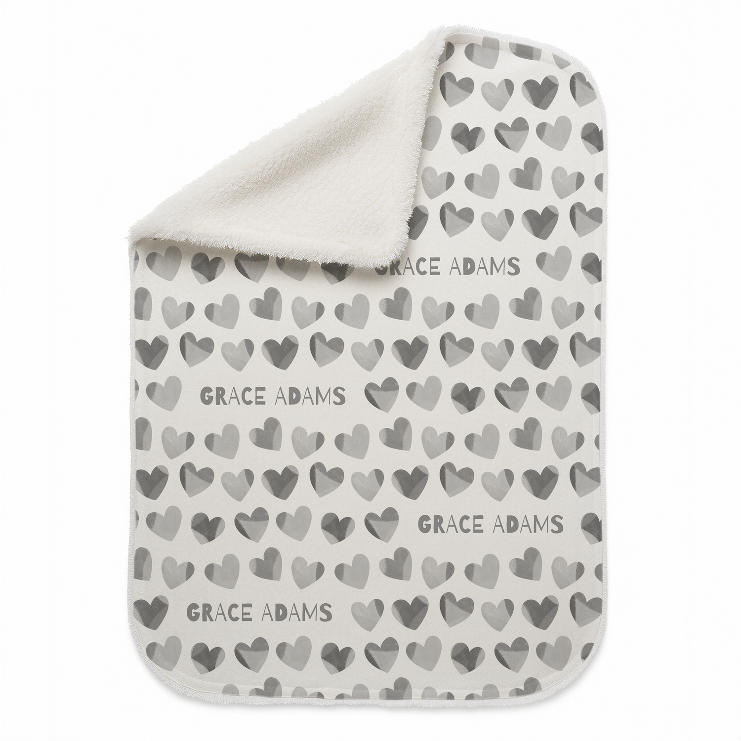 Personalised Name Grey Heart Sherpa Blanket