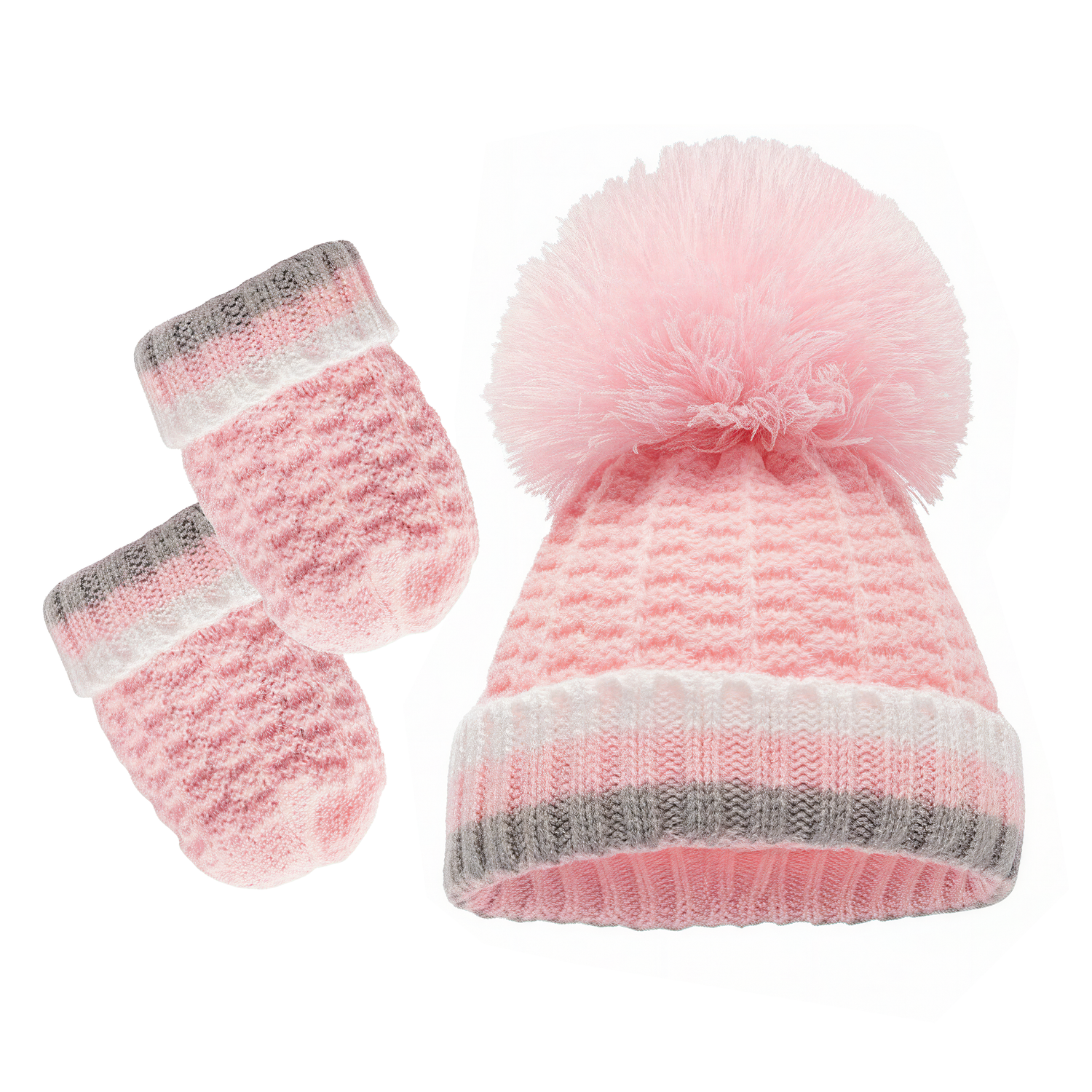 Pink Baby Bobble Hat and Mittens Set