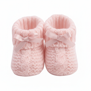 Pink Baby Bootees in a Knit Check with Satin Bow Design - 0-3 Months