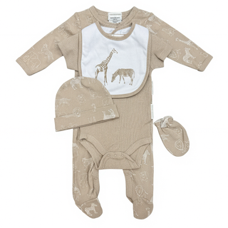 5 Piece Safari Set including Sleepsuit, Short Sleeved Bodyvest, Bib, Hat and Mittens