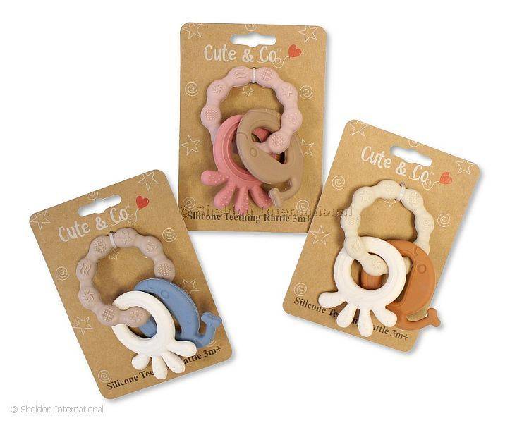 Brown and White Silicone Teether and Rattle Set - 3m+