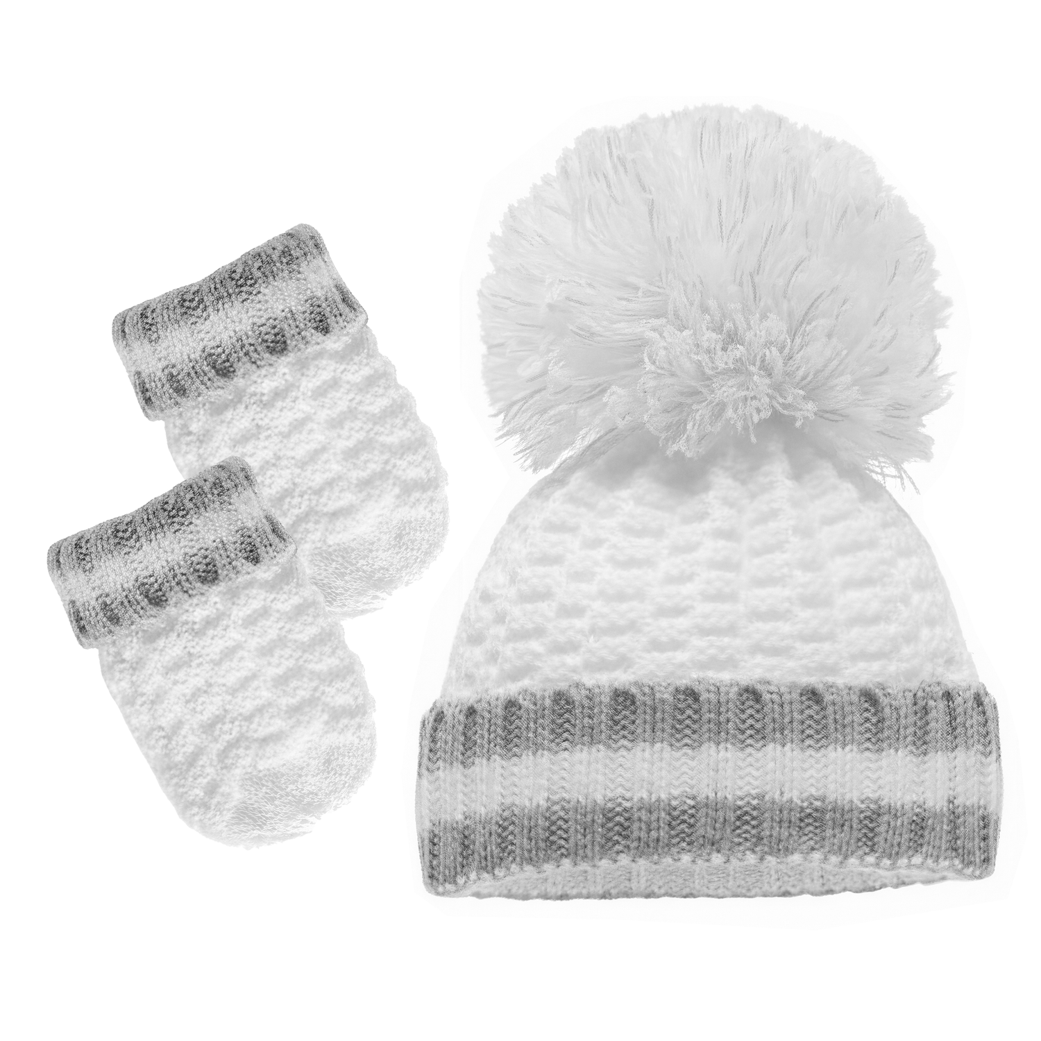 White Baby Bobble Hat and Mittens Set