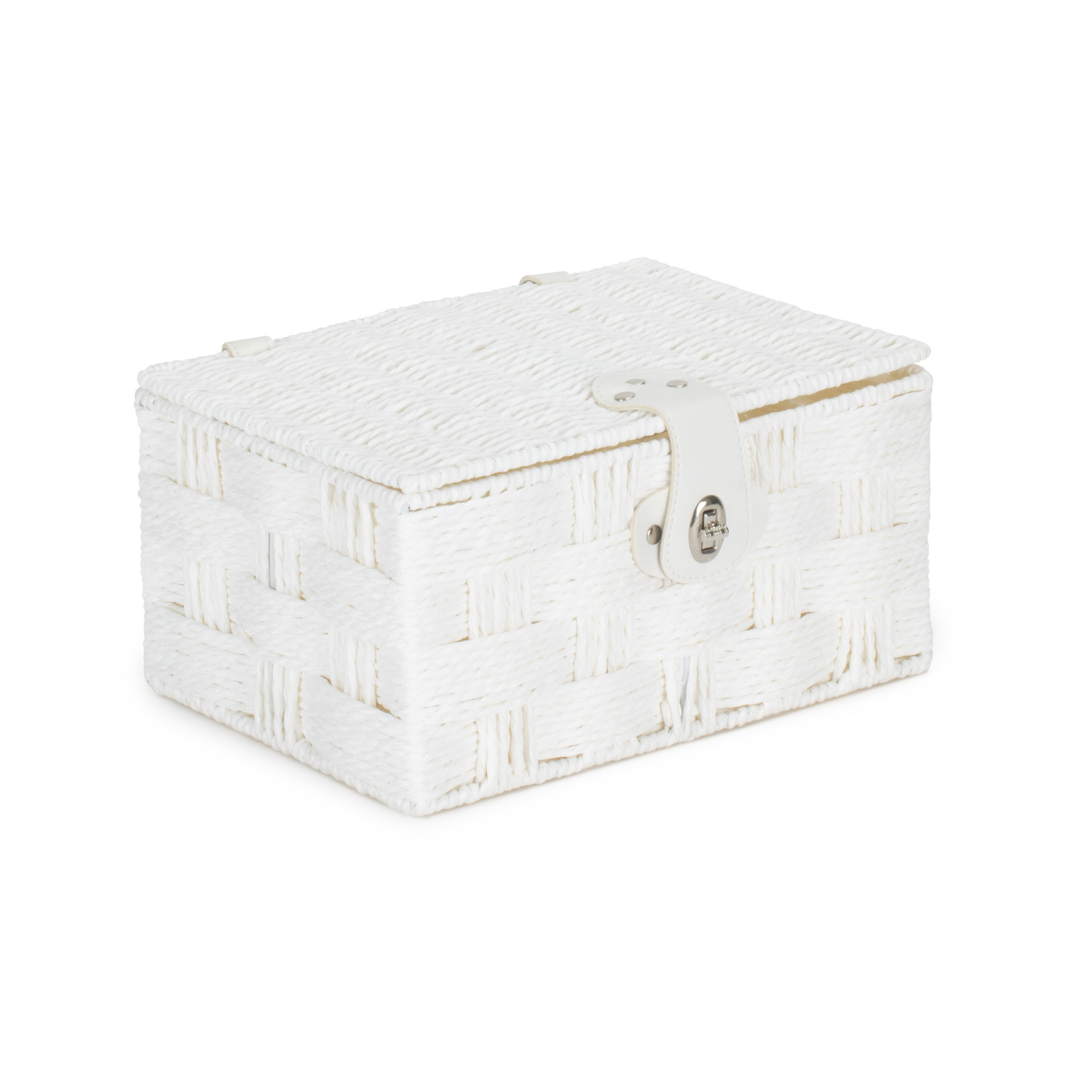 White Paper Rope Weave Hamper with Leather Silver Clasps - Small